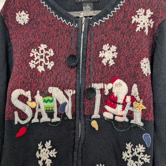 All Points Embroidered Santa Cardigan Womens Size Small Black Winter Full Zip - Picture 3 of 10